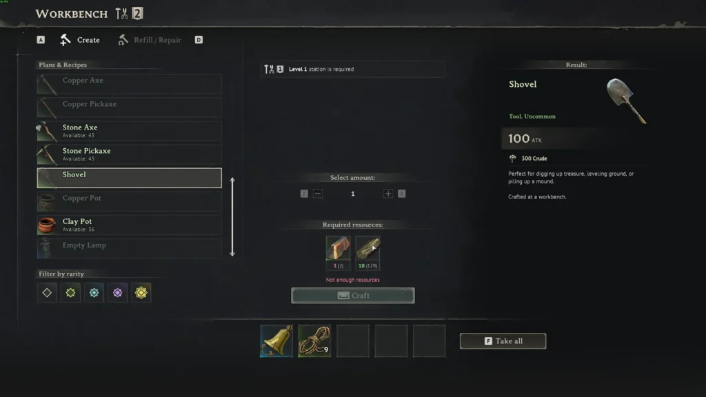Crafting a shovel using workbench