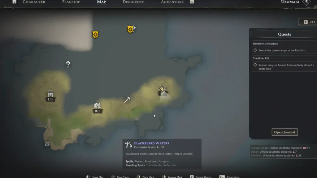Foothills pirate camp location in map