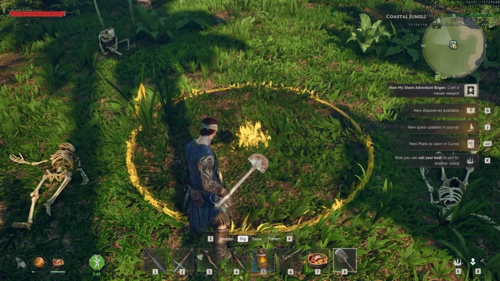 Start digging at the center point between all four skeletons